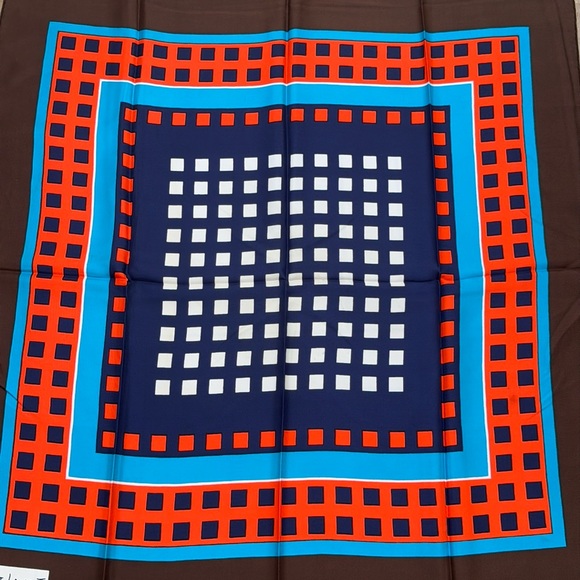 Vintage Yves Saint Laurent silk orange, brown, blue square scarf - Picture 6 of 7
